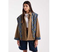 trench con maniche a contrasto e sciarpa coordinata a quadri beige e blu-Neutro 42
