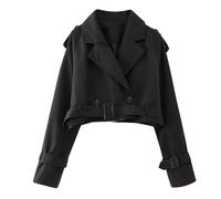 Trench corto da donna, a maniche lunghe, con colletto a risvolto, per primavera e tempo libero, nero, cachi, grigio chiaro, marrone scuro (L nero)