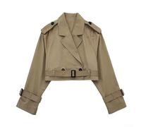 Trench corto da donna, a maniche lunghe, con colletto a risvolto, per primavera e tempo libero, nero, cachi, grigio chiaro, marrone scuro (L marrone scuro)