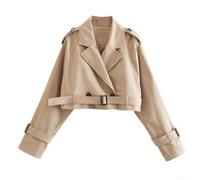 Trench corto da donna, a maniche lunghe, con colletto a risvolto, per primavera e tempo libero, nero, cachi, grigio chiaro, marrone scuro (XS cachi)