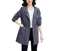 Trench - Giacca sportiva da donna, con cappuccio, per le mezze stagioni, da donna, alla moda, tinta unita, lunghezza media, sottile, casual, giacca a vento per autunno e inverno, grigio., M