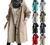 Trench lungo da donna, impermeabile con cappuccio, tasche con bottoni, traspirante, foderata, giacca a vento per autunno, elegante giacca a vento, D-kaki, M