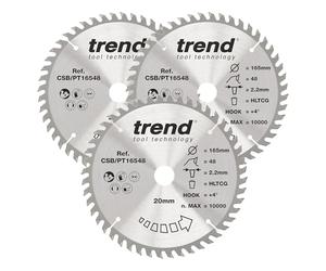 Trend Confezione tripla della lama per sega per rifinitura di pannelli CraftPro, diametro 165 mm x 48 denti x foro 20 mm, punta in carburo di tungsteno,CSB/PT165/3PK, Confezione da 3