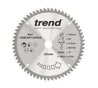 Trend Disco sega circolare 190mm 60T TCT per Alu/Plastica | Per taglio di alluminio e plastica: 60T TCT, foro 20mm, lama 2,8mm e gancio -6°, CSB/AP19060A