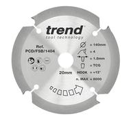 Trend PCD Fibre Cement Circular Saw Blade, 140mm Diametro, 20mm Foro, 4 Denti, 1.8mm Fenditura, Angolo di Incidenza +12°, PCD, Finitura Grossa, PCD/FSB/1404