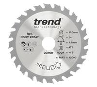 Trend Lama per Sega Circolare a Batteria per Legno, Diametro 120mm, Foro 20mm, 24 Denti, Larghezza di Taglio 1.8mm, Angolo di Aggancio +15°, metallo duro (TCT), Finitura Media, CSB/12024T