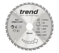 Trend Lama per Sega Circolare in Legno, Diametro 210 mm, Foro 30 mm, 36 Denti, Taglio 2,4 mm, Angolo +15°, Metallo Duro (TCT), Finitura Media, CSB/21036