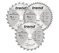 Trend Lama per sega troncatrice cordless legno 250 mm Ø, foro 30 mm, 24/48 denti, spessore 2,2 mm, angolo +7°, TCT, finitura grossa/media, confezione da 3, CSB/CC250/3/A