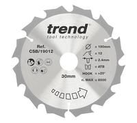 Trend Lama sega circolare 190mm, 30mm foro, 12T TCT +20° | Ideale per tagli trasversali rapidi su legno tenero e da costruzione: finitura grezza, denti TCT durevoli, CSB/19012