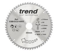 Trend Lama sega circolare per legno 216mm 60T foro 30mm TCT extra-fine | Denti TCT extra-fini per tagli trasversali puliti nel legno: 216mm, foro 30mm, 60T, taglio 2,2mm.