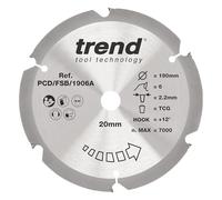 Trend PCD Fibre Cement Circular Saw Blade, 190mm Diametro, 20mm Foro, 6 Denti, 2.2mm Fenditura, Angolo di Incidenza +12°, PCD, Finitura Grossa, PCD/FSB/1906A