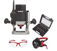 Trend T5 Kit di Avvio Definitivo per Fresatura, T5EK/MK2/EU Fresatrice a Immersione a Velocità Variabile (1000W, 8mm, 230V), Set di 12 Frese da 8mm, Maschera e Occhiali, T5/START/SET/E