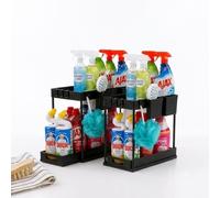 TrendAmico Organizer Sottolavello 2 Livelli con Ripiano Scorrevole - Scaffale Salvaspazio per Cucina e Bagno, con 4 Ganci e 2 Cestini Laterali, Plastica Resistente, Nero - Pack da 2