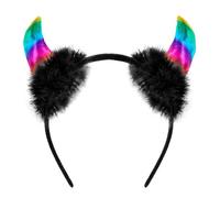 TrendandStylez Cerchietto con corna del diavolo arcobaleno con peluche | corna colorate per Pride, CSD, Carnevale e JGA | Accessorio per costume per donne e ragazze