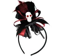 TrendandStylez Mini cappello Gothic Steampunk - nero e rosso con teschio, piuma e pizzo - elegante mini cappello su cerchietto per capelli da donna - ideale per Halloween, carnevale, cosplay