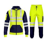 trending babz Tuta da uomo ad alta visibilità, con cerniera ad alta visibilità, per la sicurezza, con risvolto, con cappuccio, taglie S-XXL, Blu navy, giallo, L