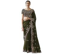 TRENDMALLS Sari da donna Rangoli in seta pesante ricamato con camicetta non cucita, verde Mehndi, taglia unica, Mehndi Verde, taglia unica