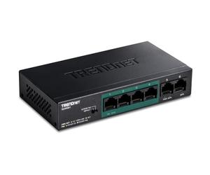 TRENDnet, TE-FP051, Switch PoE+ Fast Ethernet non gestito a lungo raggio a 6 porte, 4 porte PoE+, 2 porte Fast Ethernet, DIP Switch estende PoE+ 250 m (820 piedi) a 10 Mbps, nero
