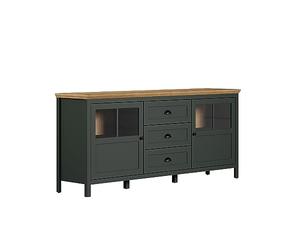 trendteam smart living - Stanton - Credenza - Verde scuro/Rovere - Armadio con 2 ante e 3 cassetti completamente estraibili - Vetrina con maniglie a conchiglia nere - 185 x 86 x 45 cm - Stile rustico