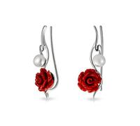 Trendy 3D Red Rose Flower White D'Acqua Dolce Coltivata Perla Filo Orecchio Pin Climbers Crawlers Orecchini Per Le Donne .925 Sterling Silver