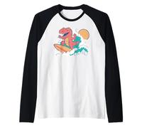 Trendy Apparel T-Rex Dinosaur Surfing On A Big Ocean Wave Maglia con Maniche Raglan