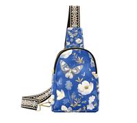 Trendy blu e bianco farfalla fiori fionda borsa da uomo multiuso in pelle borsa a tracolla per il giorno pack, Fiori di farfalla blu e bianchi, 1 size