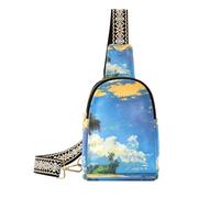 Trendy Blue Sky and Sea Yellow Sandy Beach con A Pochi Green Coconut Trees borsa a tracolla robusta borsa a tracolla per le donne per il giorno pack, Cielo blu e mare, spiaggia di sabbia gialla con