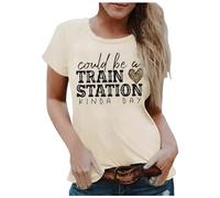 Trendy Could Be A Train Station Kinda Day Tee Shirts per le donne 2026 Graphic Running Summer Loose Fit Top Casual Girocollo T-shirt Uscire Manica Corta Primavera Maglietta Carina Lettera, Beige, XXL