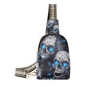 Trendy Nightmare Skull Blue Neon Eyes borsa a tracolla robusta grande fanny pack crossbody per escursioni, Occhi neon blu teschio incubo, 1 size