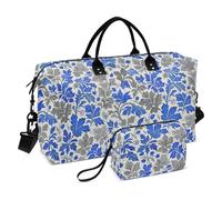 Trendy Retro Floreale Grigio Blu Ranuncolo Patata Dolce Modello Bagaglio Borsa da Viaggio Grande Carry On Aeroporto Borsa da Palestra Tote Bag con Cinghia Regolabile per Aereo Viaggiare Impermeabile