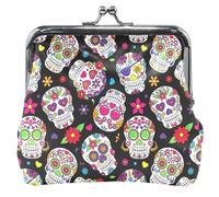 Trendy Sugar Skulls Borsa portamonete in pelle nera per le donne Carino Fibbia Bacio Blocco Ragazze Piccola Borsa Cambiamento, Teschi Di Zucchero Alla Moda Nero, classico