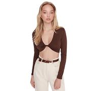 Trendyol Camicetta in Maglia Girocollo Standard Aderente Donna Camicia, Marrone, S