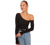 Trendyol Donna Camicetta in Maglia con Colletto Asimmetrico Basic Slim Fit, Nero