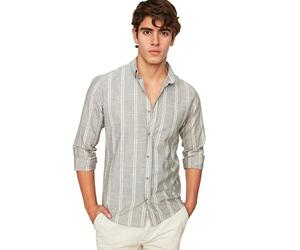 TRENDYOL Camicia da Uomo Slim Fit Button Colletto Sottile a Righe, Cachi, M