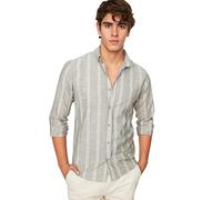 TRENDYOL Camicia da Uomo Slim Fit Button Colletto Sottile a Righe, Cachi, S