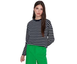 Trendyol Damen Gestreift Lange Ärmel Übergroß Sweatshirts, Maglia di Tuta da Donna, Navy,