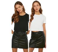TRENDYOL Schwarzweiß-100% Baumwoll-fahrradkragen 2-paket-Crop-gestricktes T-Shirt, Nero e Bianco, M Donna
