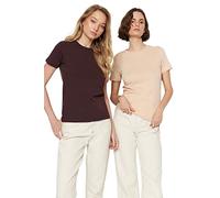 Trendyol T-Shirt da Donna Basic Slim Standard Girocollo Camicia, Marrone-Beige