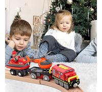 Trenino Elettrico per Bambini Camion trasportatore Portatile Locomotiva Trenino Pista Macchinine Alimentato a Batteria Giocattoli Trenino in Legno Treno Kit Giochi Trenino Natalizio Regalo per Bambin