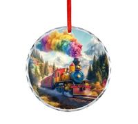 Treno a vapore, arcobaleno, nuvola, cielo, foreste, montagna, decorazione natalizia in cristallo, ornamento da appendere, rotondo, per albero di Natale, regali per feste