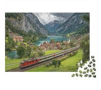 Treno che attraversa un villaggio nelle Alpi svizzere, Puzzle Sostenibili Con Motivi Per Adulti Da Gioco in Legno Di Alta Qualità 1000pcs (75x50cm)