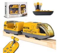 Treno elettrico a distanza per pista di legno, treno a controllo remoto e motorizzato con 4 effetti sonori e luce per bambini 3 4 5+ anni, compatibile con Tommaso, Brio, Chuggington(giallo)