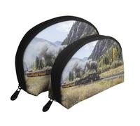 Treno locomotiva a vapore, Borsa per trucco a conchiglia Portamonete da donna Borsa da toilette piccola Borsa per cosmetici 2 pezzi