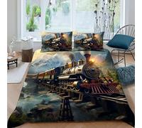 Treno Set Di Biancheria Da Letto Per 3 Pezzi Con Stampa 3D Treno a vapore Incluso Copripiumino Con 2 Federe in Microfibra Morbida E Leggera King（220x240cm）