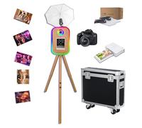 Treppiede per cabina fotografica con torcia e ombrello, compatibile con Surface/tablet/iPad, supporto per cabina fotografica da 10,2"-13" per eventi (color legno, macchin fotocamer stampante)