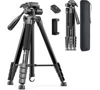 Treppiede per fotocamera da 185,4 cm, compatibile con GoPro/DSLR/cellulare/videocamera, treppiede professionale in alluminio con supporto per telefono, borsa da viaggio, carico massimo 4 kg (nero)