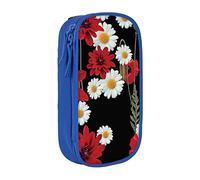 TRESILA Astuccio di grande capacità con scomparto con cerniera, astuccio per matite e penne, organizer resistente, grande astuccio per cancelleria/fiore rosso e margherita bianca, Blu, Taglia unica,