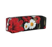 TRESILA Astuccio in pelle con cerniera per matite e penne, organizer per cancelleria, durevole, astuccio per matite, fiore rosso e margherita bianca, Fiore Rosso e Margherita Bianca, Taglia unica,