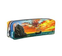 TRESILA Astuccio in pelle con cerniera per matite e penne, organizer per cancelleria durevole, astuccio per matite, lucciole e lanterna, nave pirata nel tramonto, Taglia unica, Organizer per borse