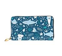 TRESILA Portafoglio da donna in pelle di grande capacità, borsa lunga, pochette porta carte di credito, portamonete, portafoglio per donne e uomini, note musicali con uccelli volanti, Pesce Blu